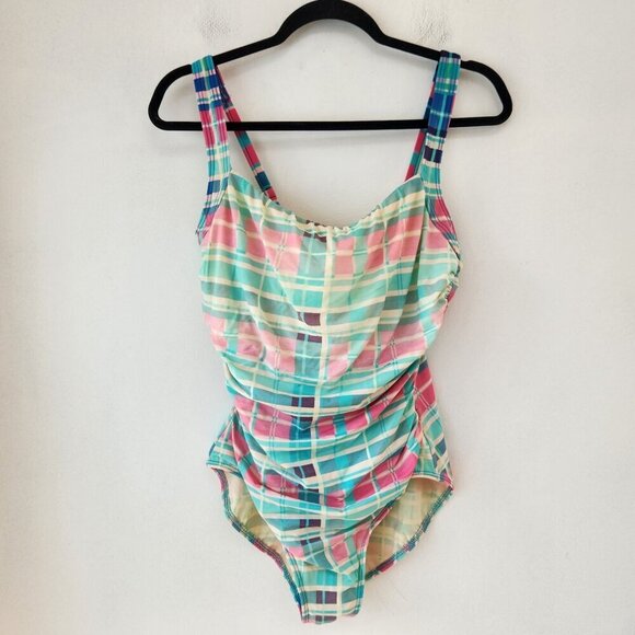 Talbots Pink Teal Geometric One-Piece Swimsuit Bathing Suit Slimming Size 12 - Picture 1 of 9